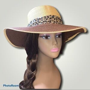 NEW Jacobson woven straw ladies hat leopard scarf bow